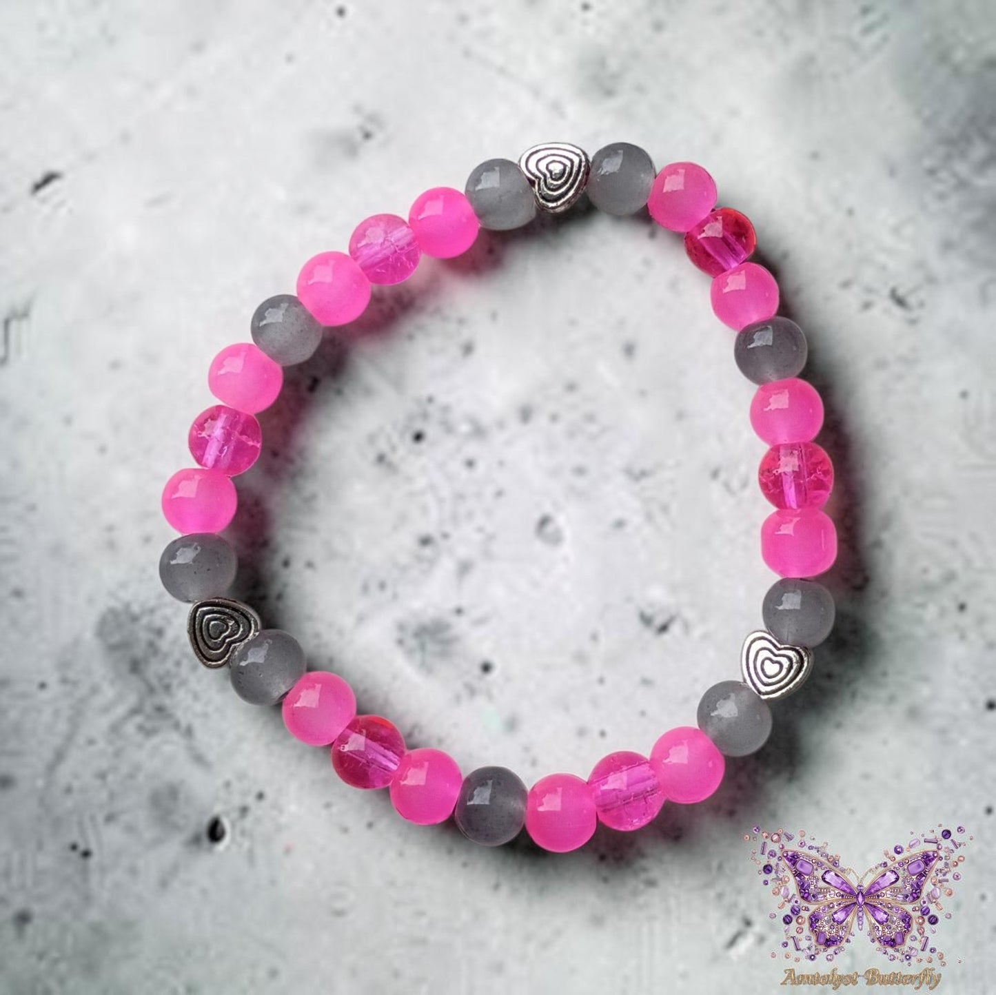 Pink & Gray Beaded Stretch Bracelet with Heart Accents- Kids